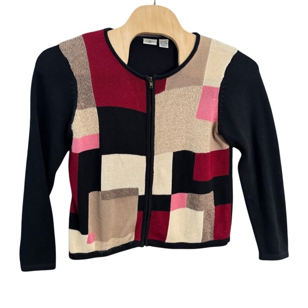 Jenny Buchanan Petite Zip Front Cardigan Colorblock Patchwork Ramie Cotton PL